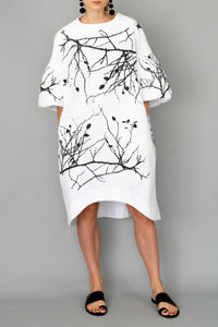 White Cotton Midi Dress "BRANCHES"