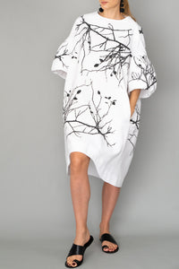 White Cotton Midi Dress "BRANCHES"