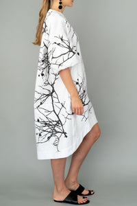 White Cotton Midi Dress "BRANCHES"