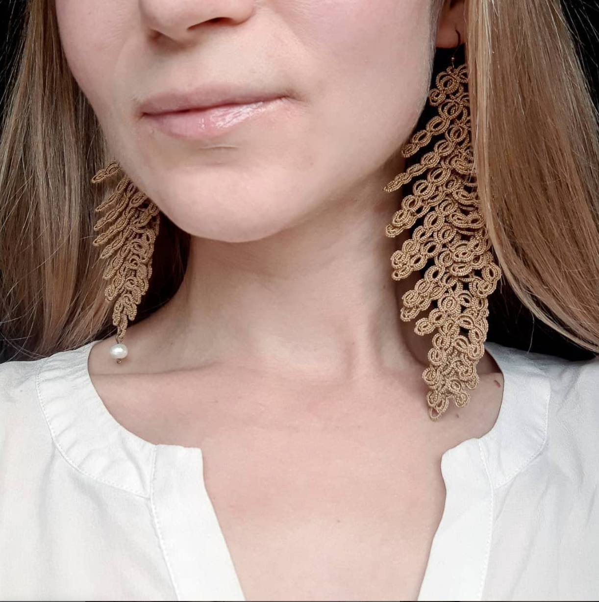 Asymmetrical Long Earrings "Tatting Lace"