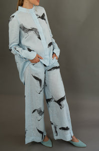 Sky Blue Linen Pants "Seagulls"