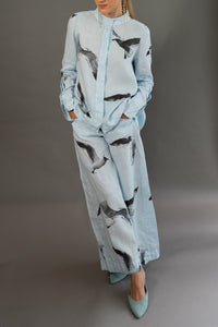 Sky Blue Linen Pants "Seagulls"