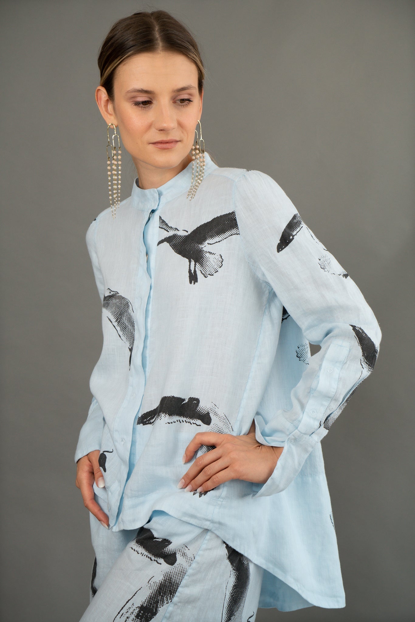 Sky Blue Linen Shirt “Seagulls”