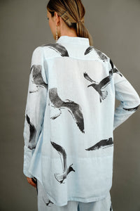 Sky Blue Linen Shirt “Seagulls”